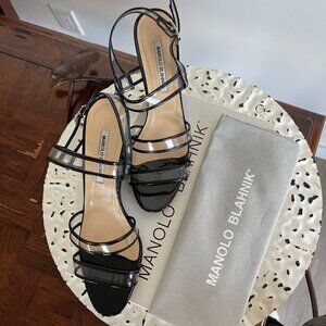 Manolo Blahnik Black & Clear Patent Leather Wedge Sandals